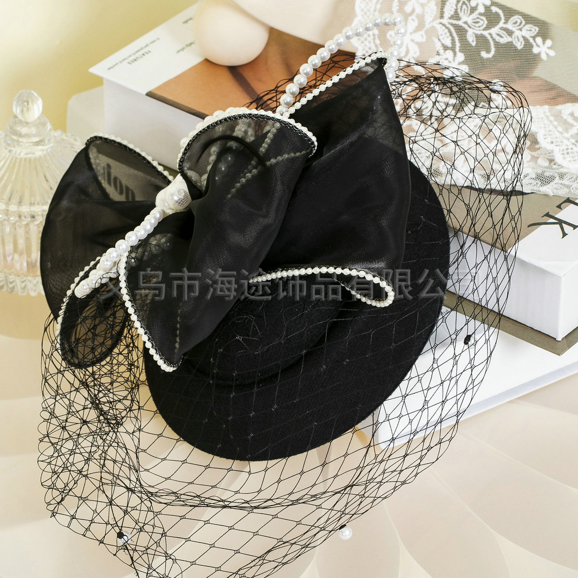 European and American wedding bride's top hat, elegant large mesh retro hat, fashionable bow, banquet small top hat wholesale Specification image
