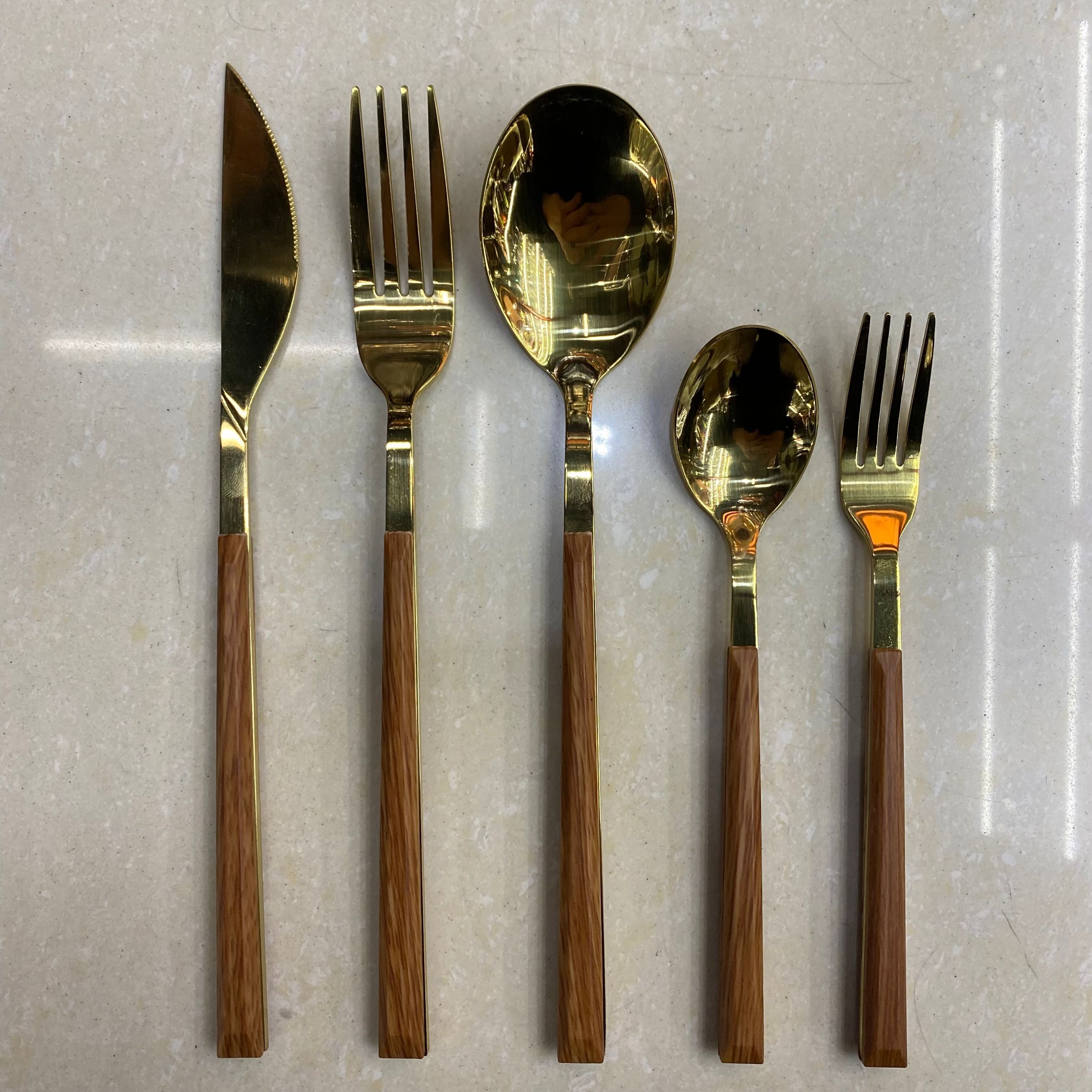 430 stainless steel west tableware hotel titanium fork spoon tea spoon five pieces set cross-border clamp wooden handle Korean spoon thumbnail