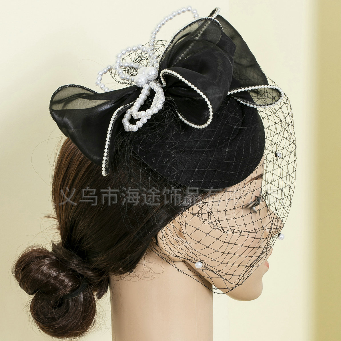 European and American wedding bride's top hat, elegant large mesh retro hat, fashionable bow, banquet small top hat wholesale details Picture
