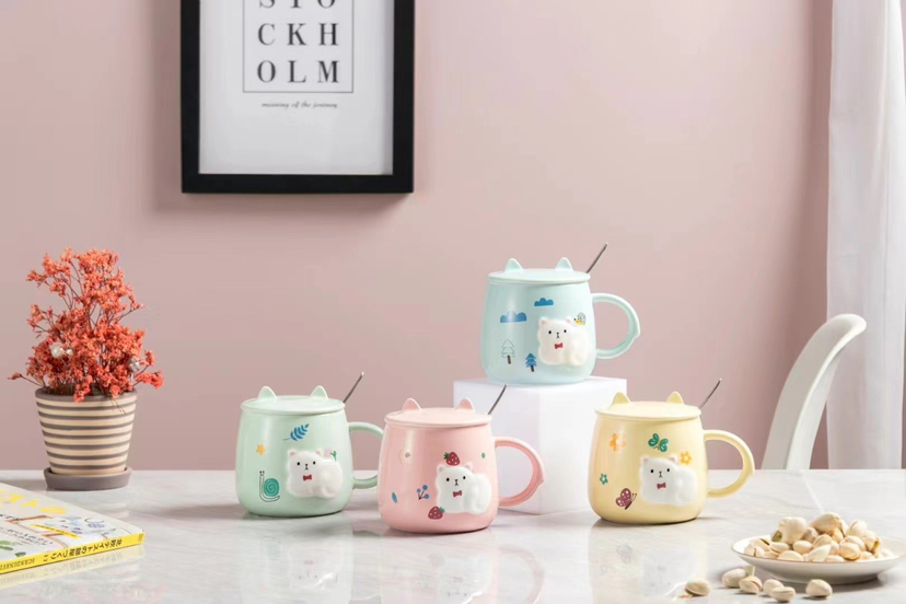 Hot stand cat ceramic mug Cartoon mug with lid and spoon Coffee mug Office water mug
