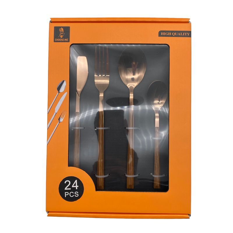 Stainless steel Korean wooden handle Nordic western tableware set household Western style with color box 24 pieces