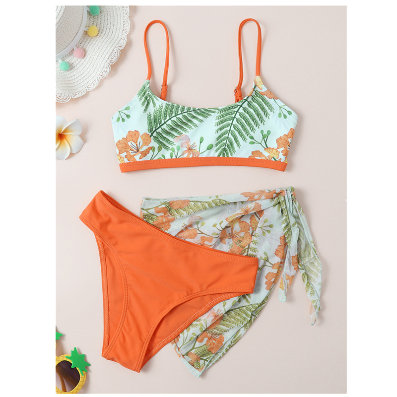 Foreign Trade 2022 Summer Children's Big Kids New Swimsuit, floral print, three-piece set, quick-drying swimsuit Item Picture