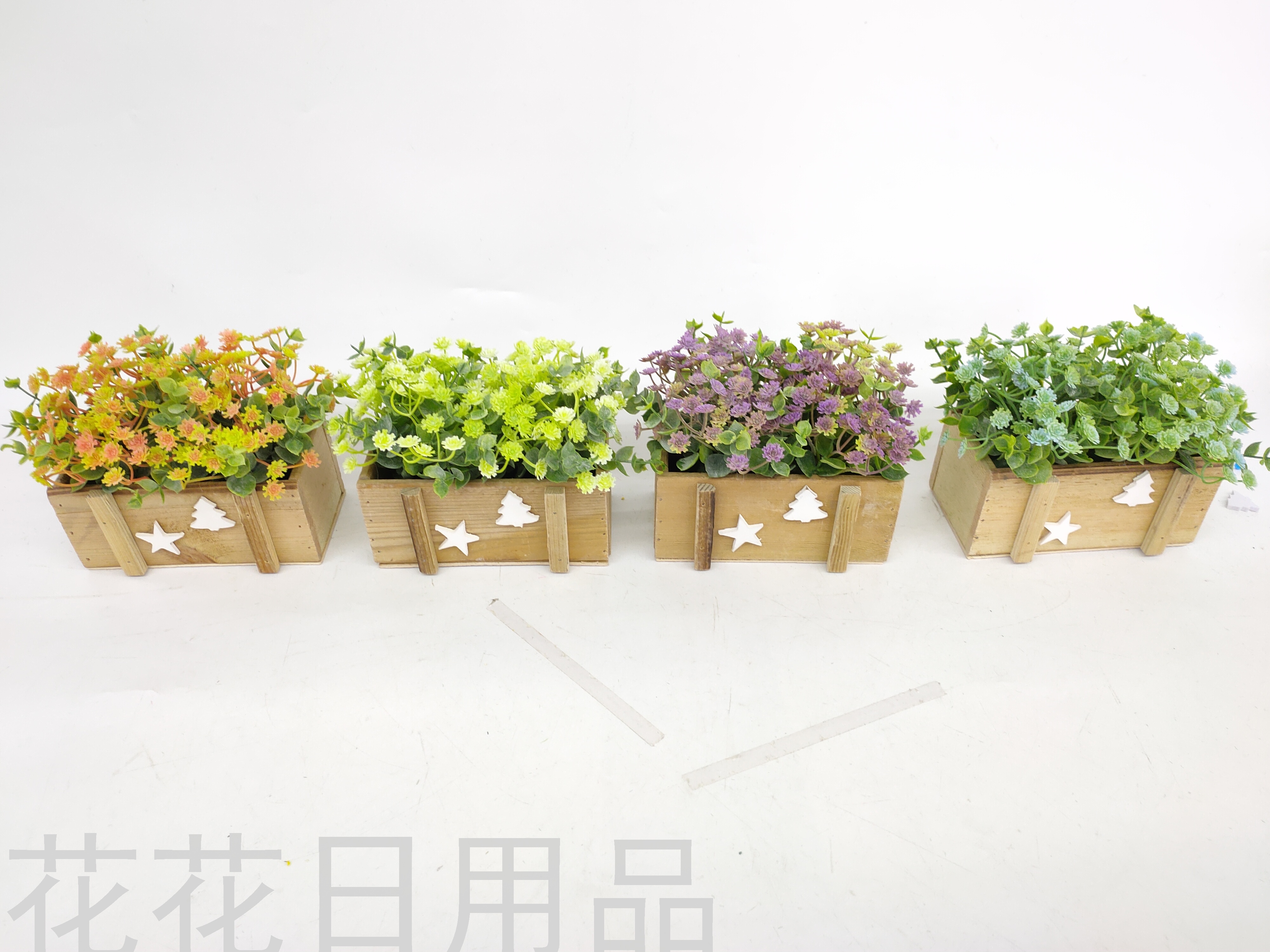 The new wooden fence basin adds powder all day star bonsai fake flower to decorate the living room dining room and so on