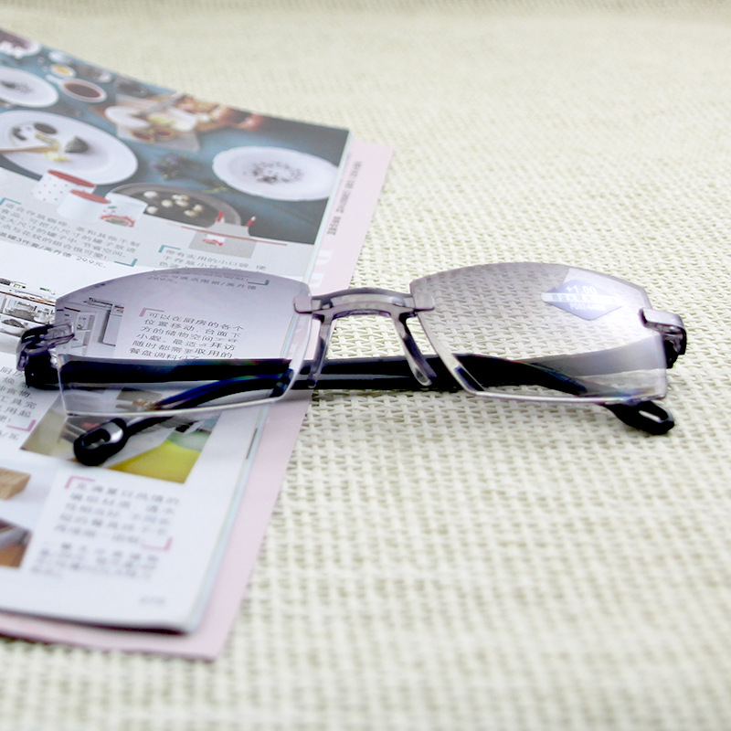 Long and far dual-optical reading glasses rimless anti-blue presbyopia glasses ultra-light business glasses for men and women