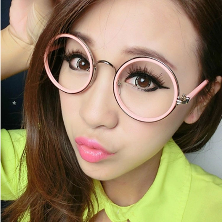 New vintage glasses Korean ladies flat lens pink fashion round hipster glasses