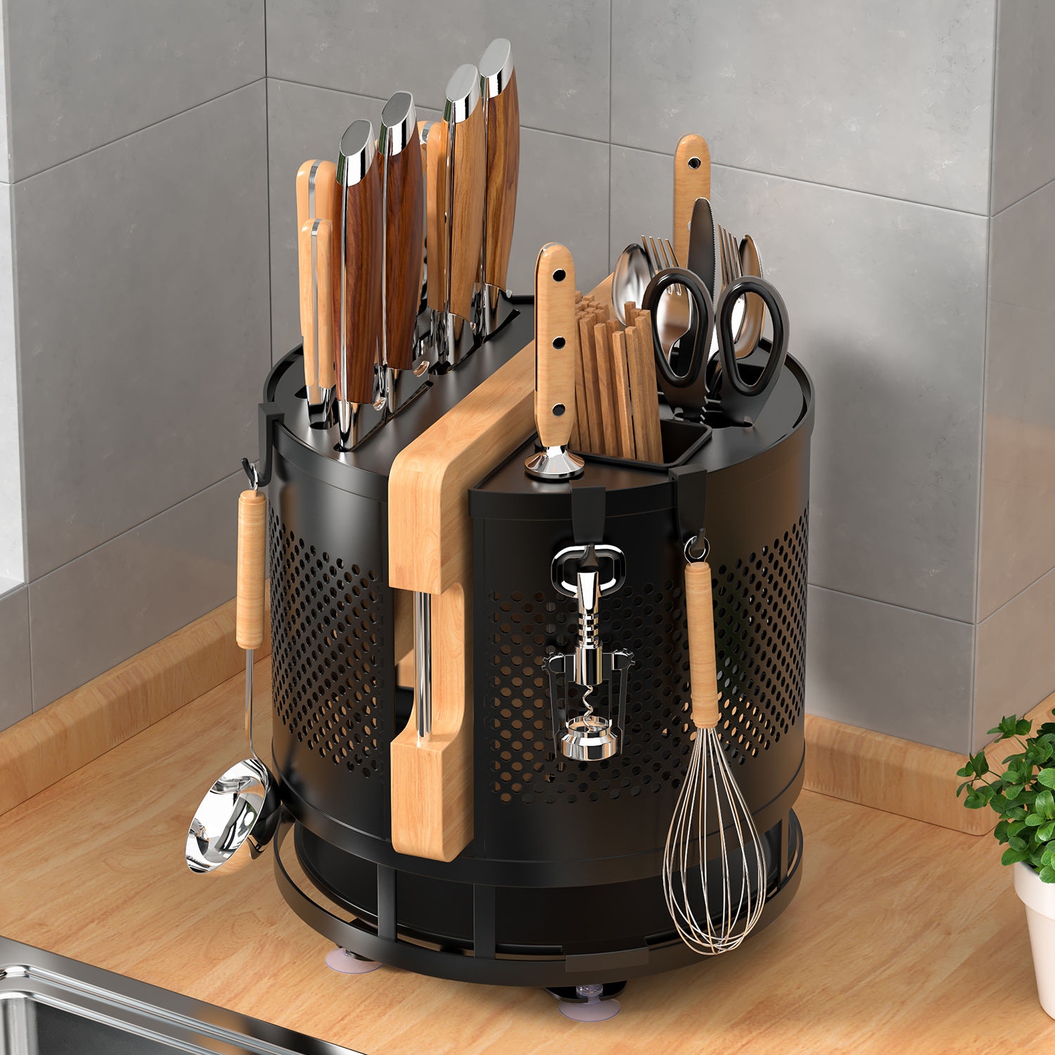 Portaherramientas giratorias rack de objetos encimeras de cocina cuchillos de uso doméstico palillos jaulas de corte tabla de cortar todo en uno estante de almacenamiento multifuncional
