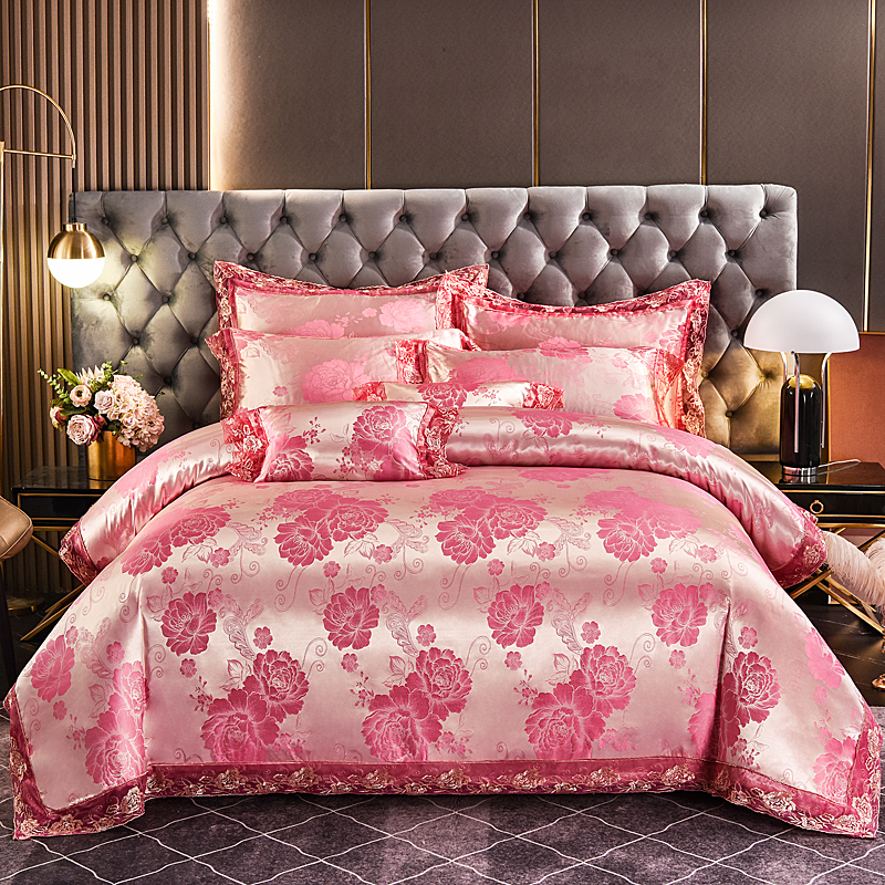 2022 New European-style satin Jacquard Silk Satin Lace Flower Four-piece Set Jacquard Modal Four-piece set details Picture