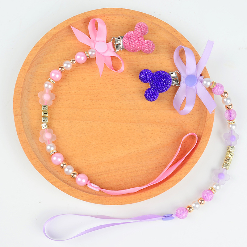 水晶米奇头蝴蝶结防掉链 奶嘴链 牙胶防掉绳