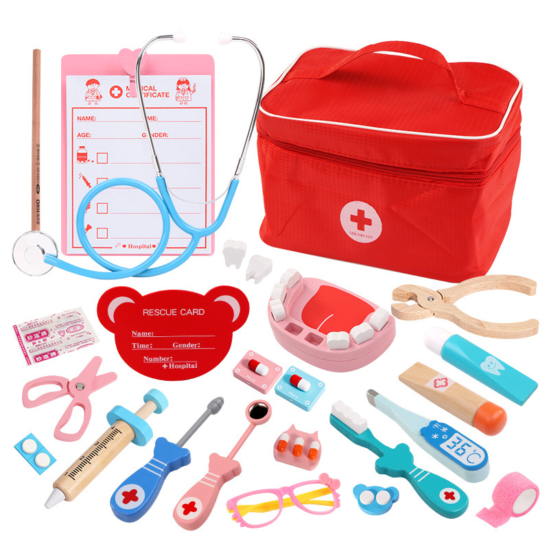 Children's wooden simulation cloth bag medicine box P0.63, baby boy and girl play house, doctor gives injection toy gift details Picture