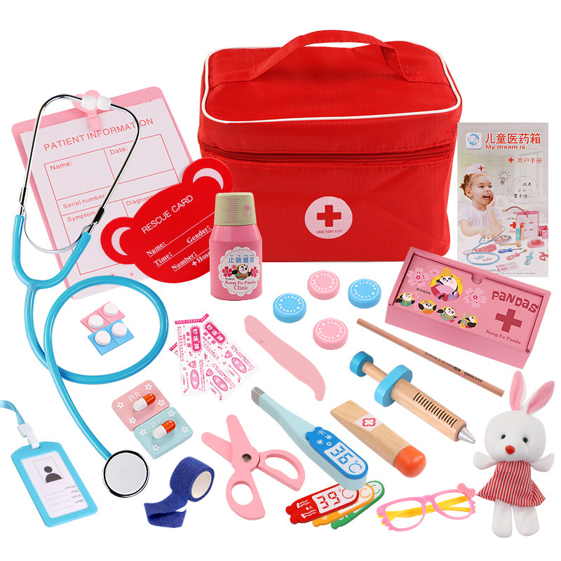 Children's wooden simulation cloth bag medicine box P0.63, baby boy and girl play house, doctor gives injection toy gift Specification image
