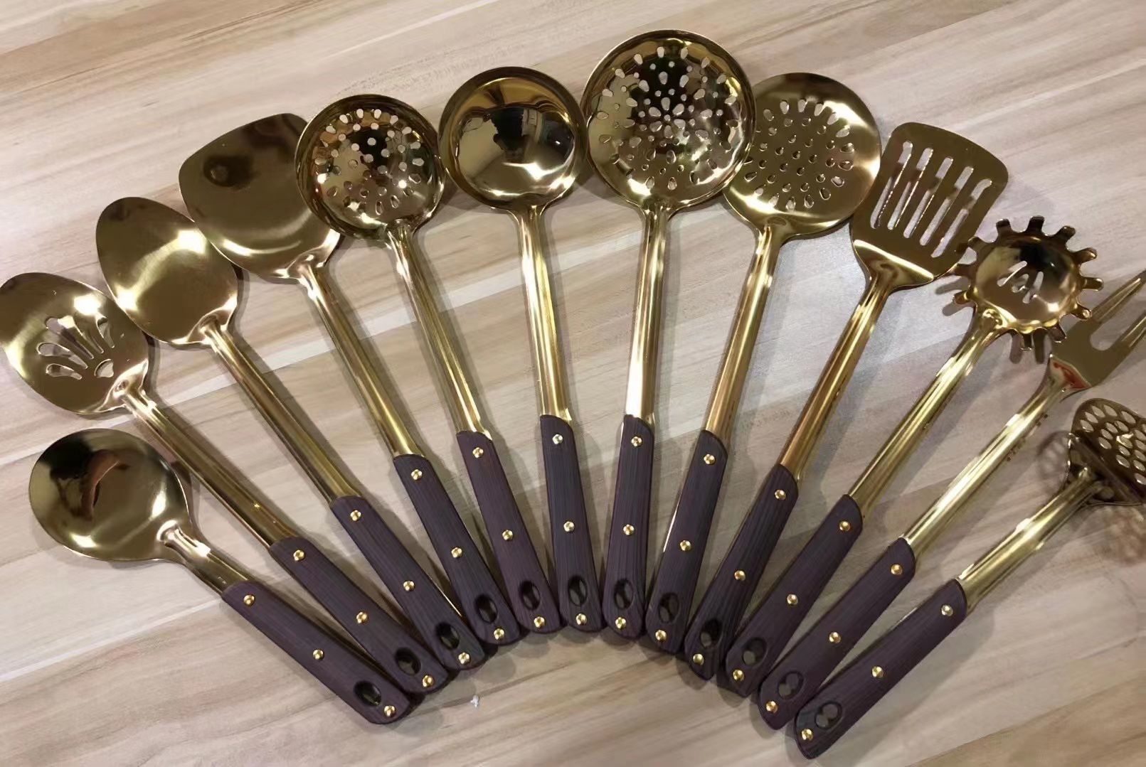 Stainless steel kitchenware 1.2 cm titanium wood grain handle porridge slotted spoon stir-fry shovel leak long tongue spoon short rice spoon thumbnail