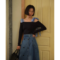 NEW OPEN 2022 Spring Design niche long sleeve black shoulder top woman 2