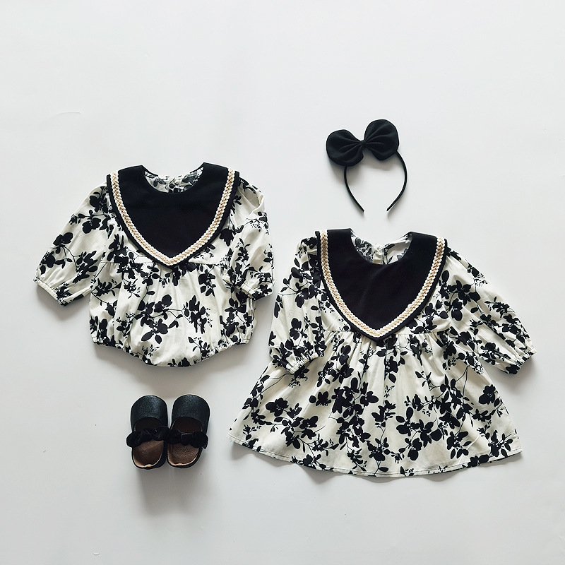 Ins South Korea children's clothes baby bag fart clothes baby one-piece clothes long sleeve girls skirt sister spring