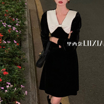 French velvet patchwork dress women 2022 new early spring retro bow slimming Hepburn style a-line black dress