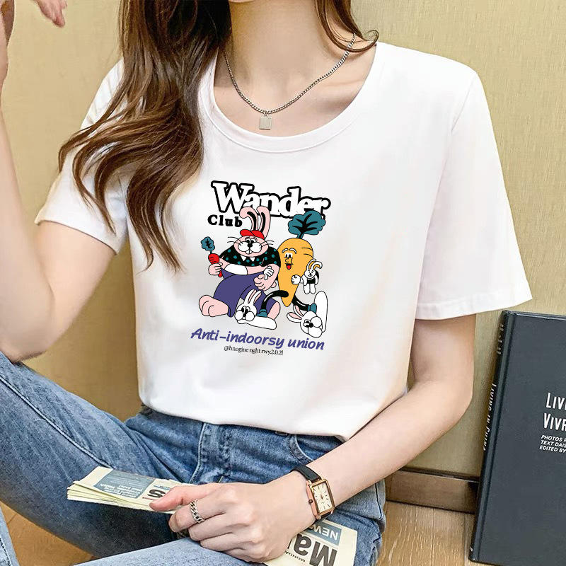 Summer new white cotton round collar short sleeve T-shirt Korean women's loose printing fresh sweet half sleeve cartoon T-shirt