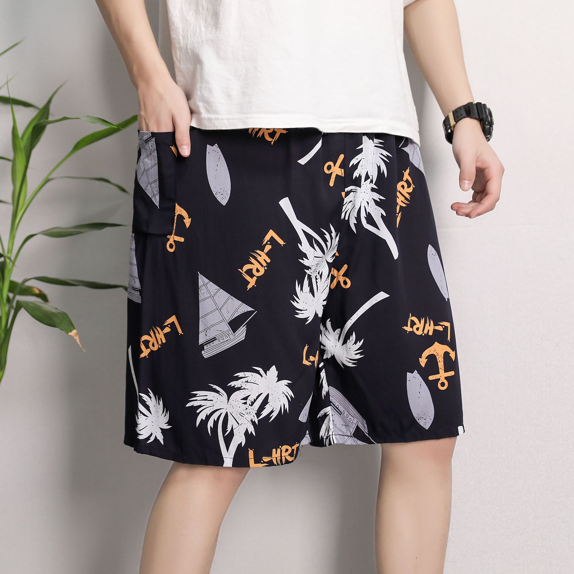 Cotton silk pajama pants men's summer thin size loose pants casual breathable floral pants wear five - cent beach pants