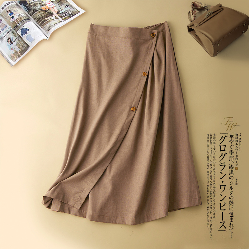 Women 2022 casual A-line summer cotton and linen medium length elastic waist skirt