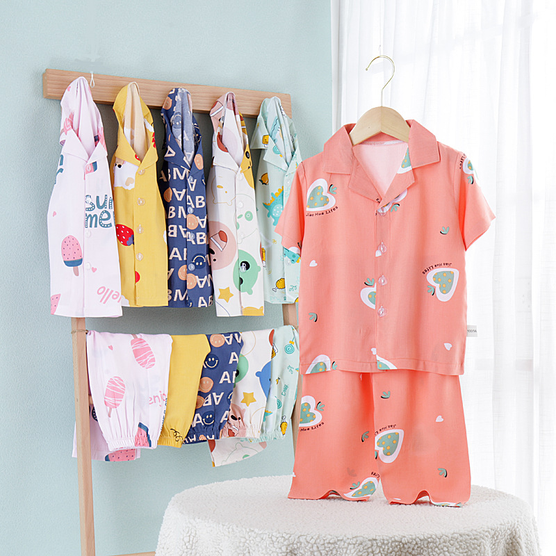 New summer children's silk cardigans boys and girls printed home clothes pajamas in children's thin set wholesale