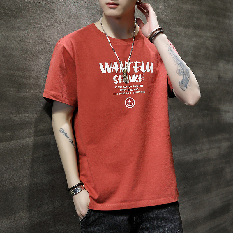 202 Summer men's short sleeved T-shirt white top dress round collar loose fashion brand trend boys half sleeve teenagers