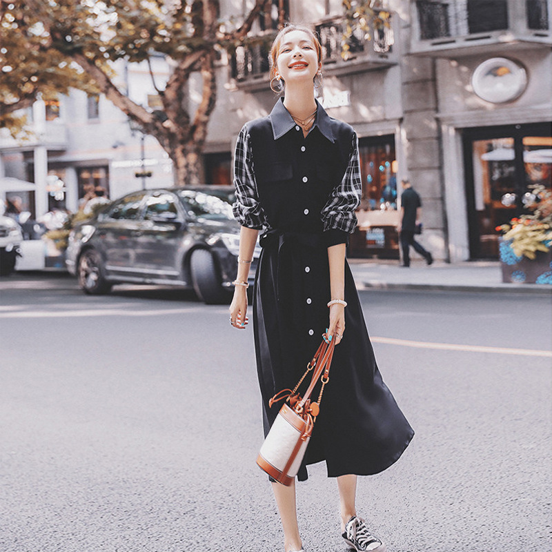 Plaid Chiffon Dress Women 2022 new autumn slimming style Hepburn style little black dress shirt skirt