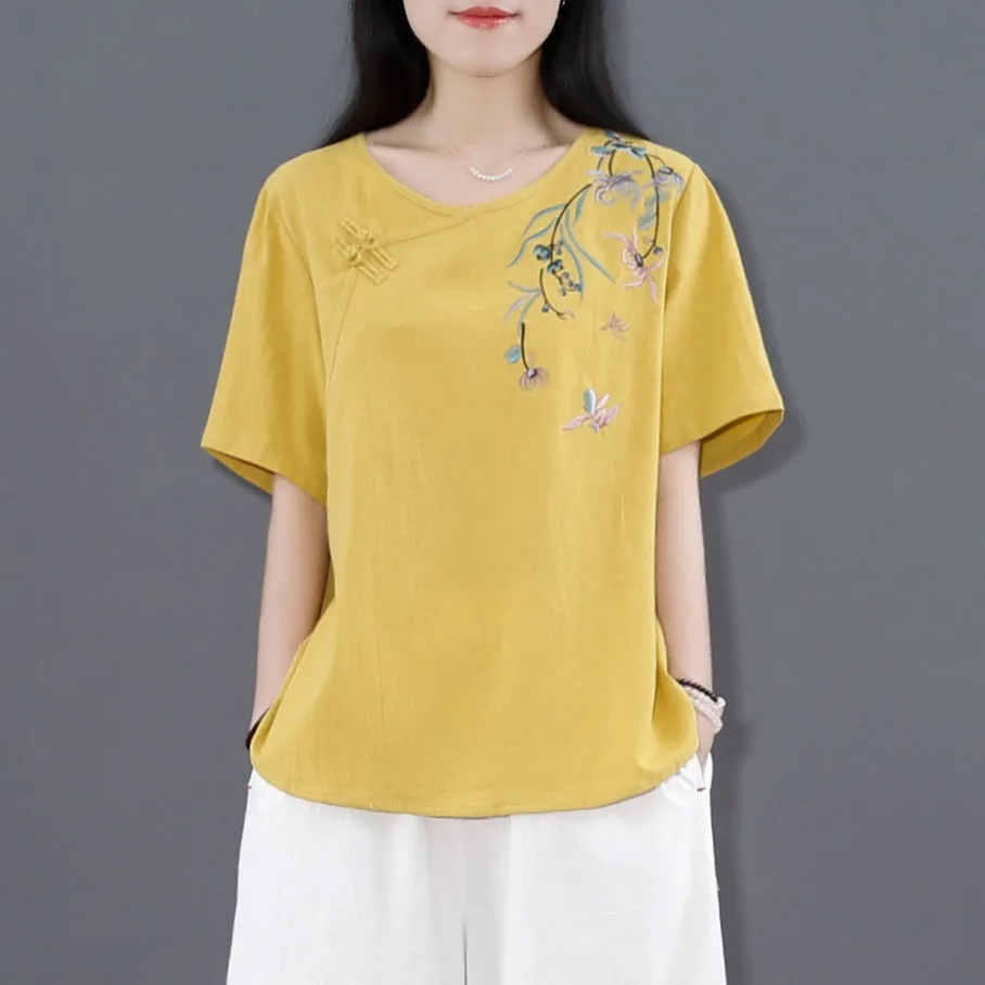 Literary retro cotton and linen T - shirt Women loose Chinese zen tea dress plate button short jacket summer Chinese style women's dress