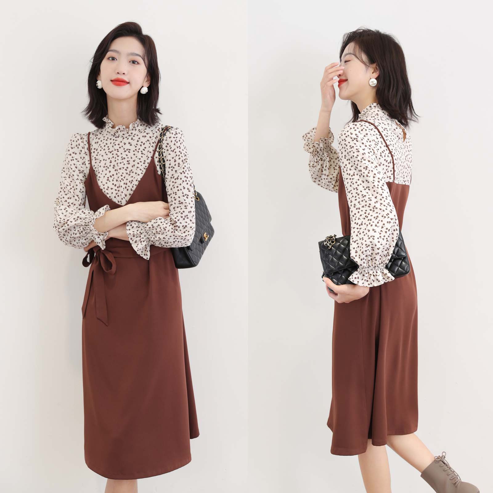 Net red with 2022 skirt romantic autumn atmosphere feeling beautiful crazy! Fake two long-sleeved floral jumpsuits