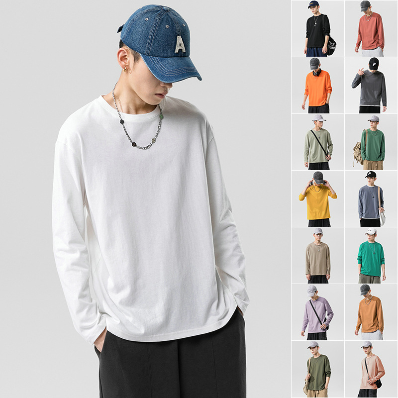 Pure cotton men's Long sleeve T Shirt Spring/fall trend Loose pure white hoodie bottom coat autumn clothing for men