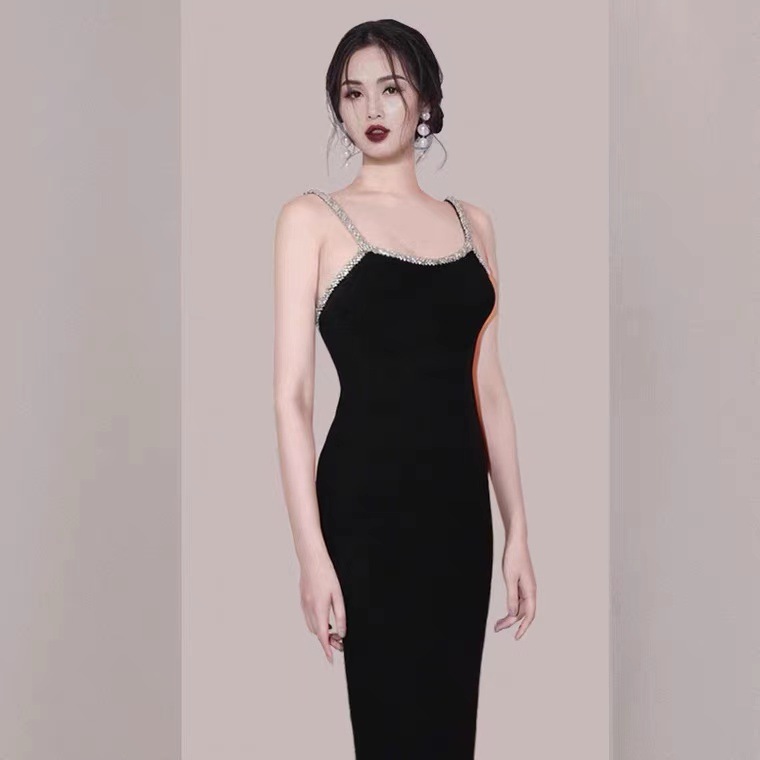 Black diamond sparkly slim sexy halter dress women backless light luxury high sense of small dress skirt annual meeting