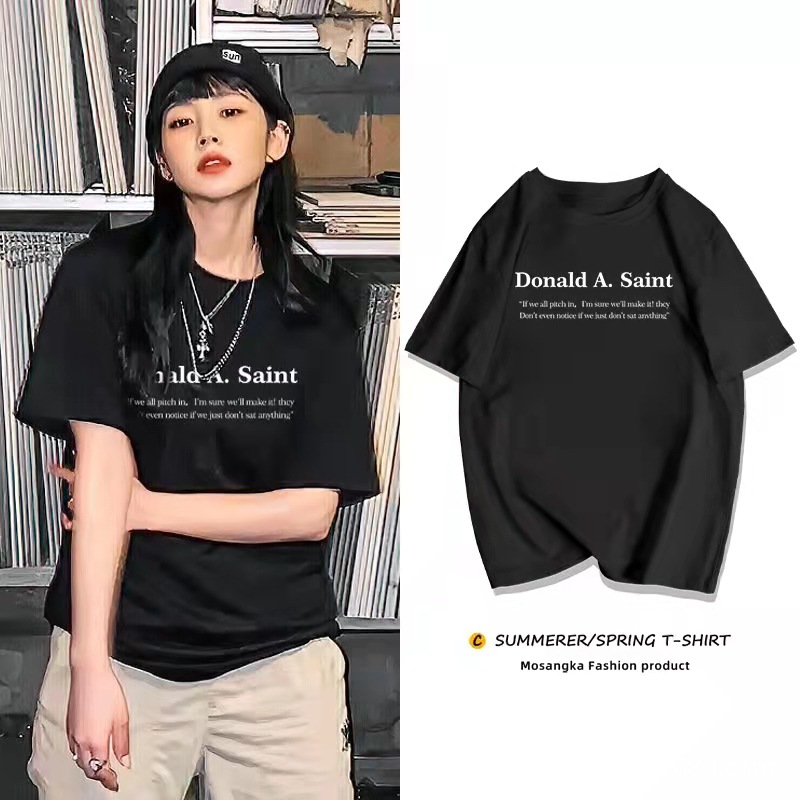 Oversize Retro Hong Kong style white T-shirt for women, short sleeves, loose INS fashion brand cotton, large boudoir lovers