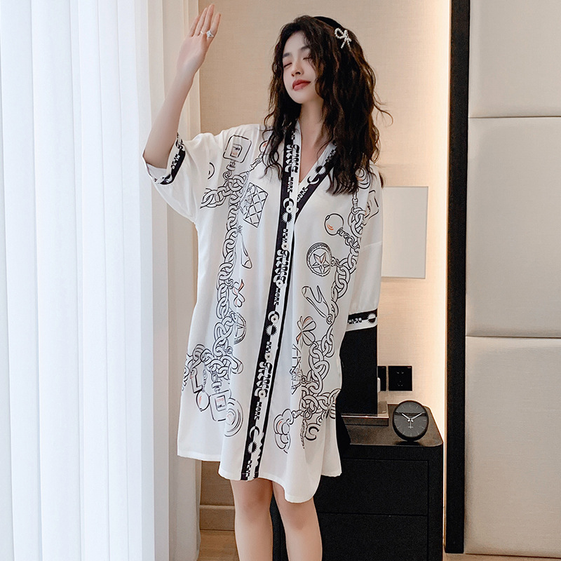 Yao Ting satin Chiffon Pajamas Ladies summer cute v-neck cardigan loose edition nightdress 2693