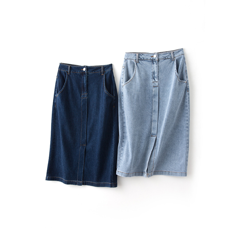 Pure cotton denim skirt women's spring 2022 high waist slimming medium long slit casual skirt bag