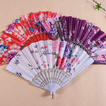 Silk Chinese fan hot flower plastic performance dance fan silk craft fan antique folding fan custom