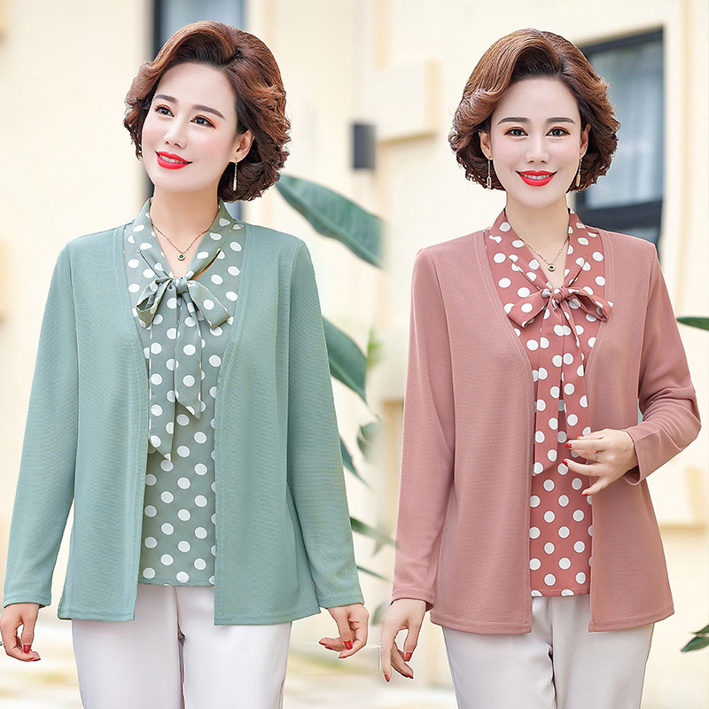Fashion middle-aged mothers spring and autumn new long-sleeve fake two coats middle-aged women's loose short top