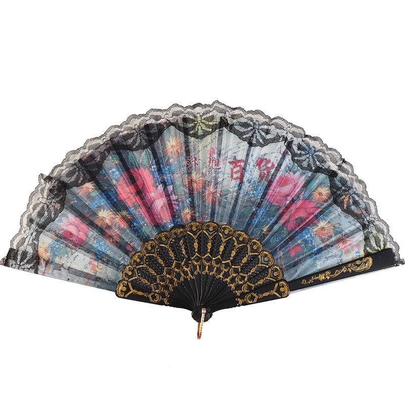 Chinese style gift features black lace fan black pole folding fan dance props wholesale