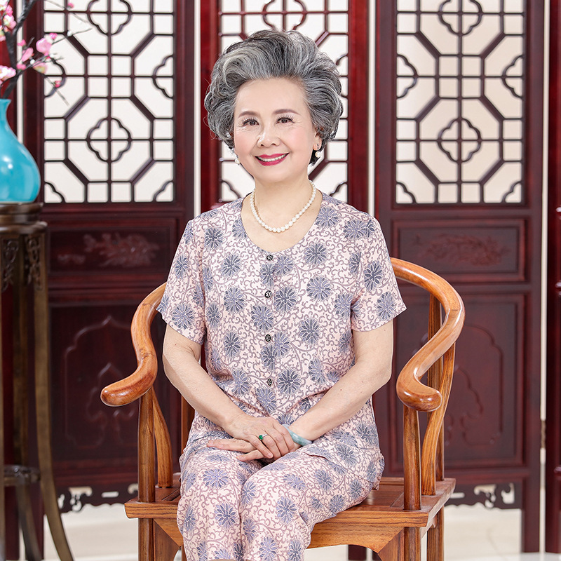 Mother summer dress cotton silk suit Middle-aged and elderly women's short sleeve cardigan 60 years old and 70 years old lady silk grandma outfit