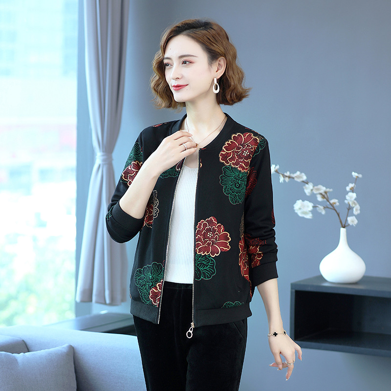 Spring and autumn short coat middle-aged and old lady fashionable autumn jacket small mother with long sleeves zipper jacket cardigan
