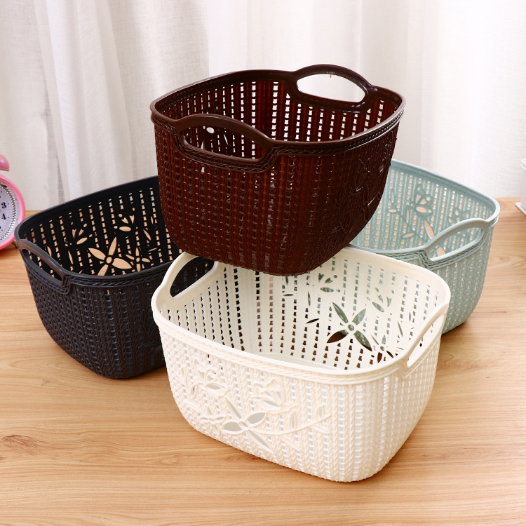 2019新款仿藤编塑料镂空杂物篮置物篮 多用途桌面储物小篮子