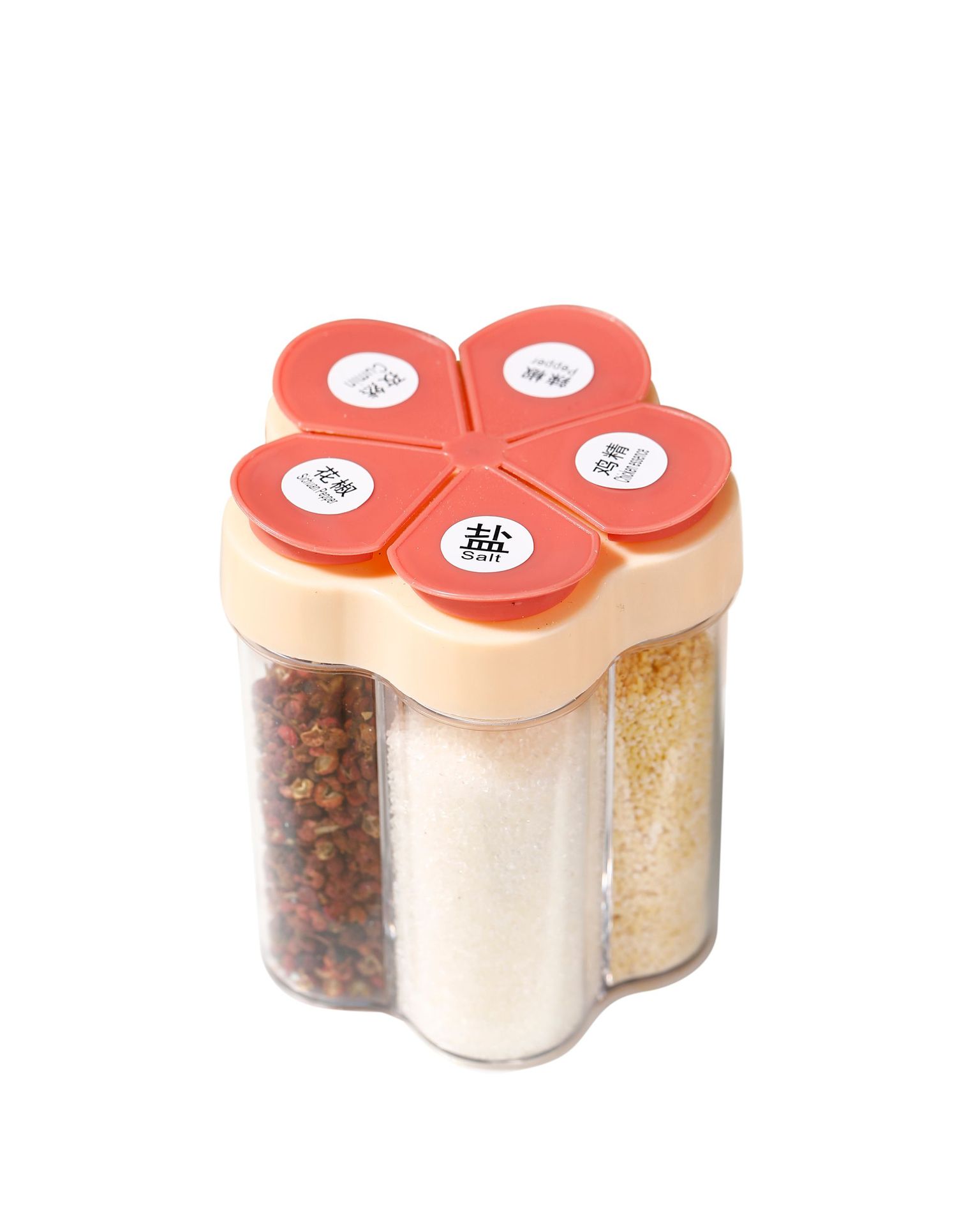 Y109-5505 Hot-selling kitchen plastic plum blossom-shaped 5-style seasoning box, barbecue seasoning box, moisture-proof integrated seasoning jar Item Picture