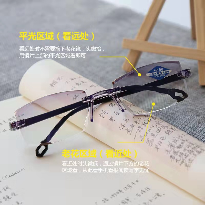 Frameless edge cutting blue light reading glasses, smart zoom, street stall, single and dual light, near and far dual-purpose factory sales details Picture