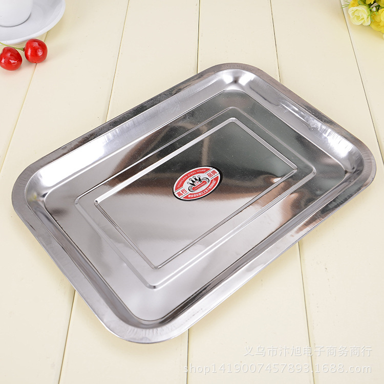 Thickened stainless steel shallow square plate rectangular tray dinner plate large dish barbecue plate two yuan shop