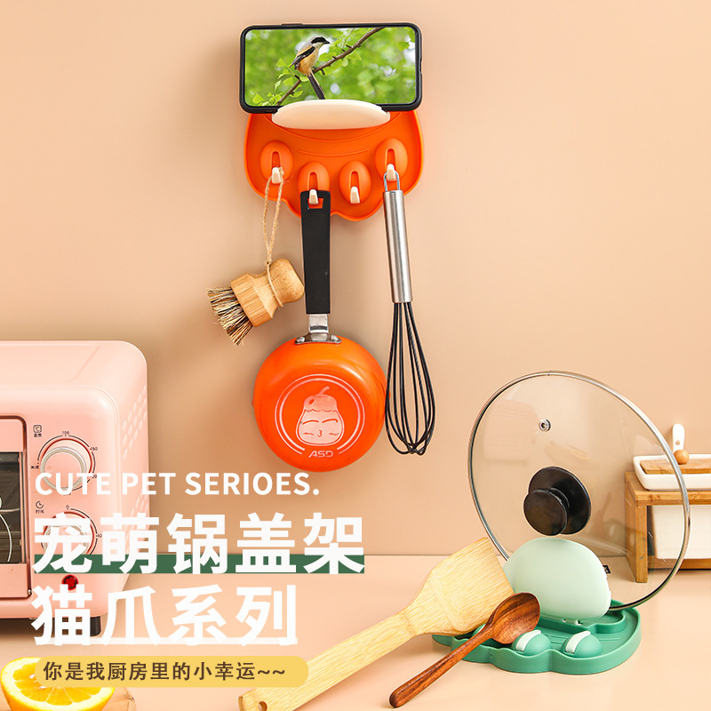 Kitchen multi-functional storage rack without drilling, creative tray storage, integrated soup spoon and chopsticks, cat paw pot lid rack