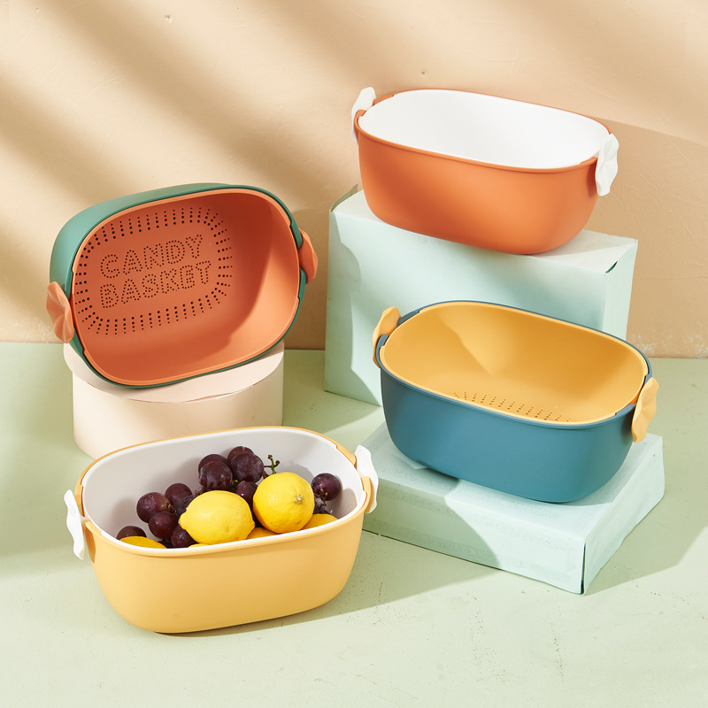 J25-6595双层洗菜篮网红撞色水果厨房带盖塑料滤水创意多用沥水篮