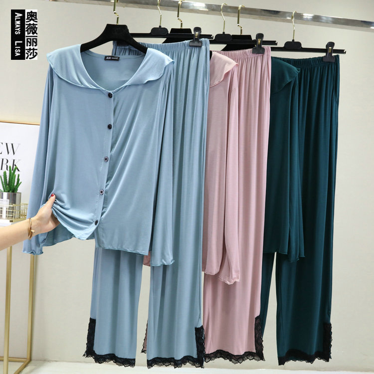 Modal cotton long sleeve lapel bottom blouse Loose home blouse lace trousers spring/summer thin pyjama set