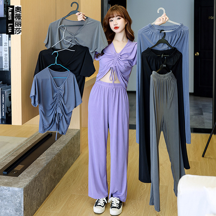 Pajama woman spring/summer 2021 new loose silk blouse wide legs pajama pants can be worn outside the casual home suit