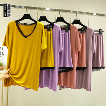 Women's spring and summer Modal cotton thin short sleeve lace shorts leisure sexy home wear two sets