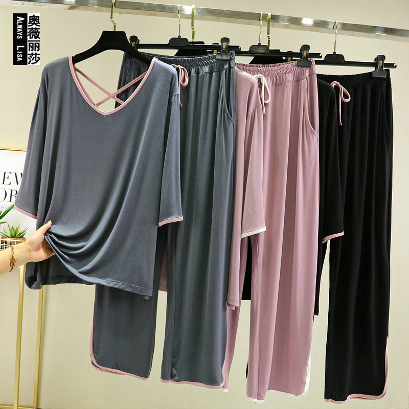 Modal pajama women summer large size loose V collar thin money can wear home clothes cross back show thin two sets