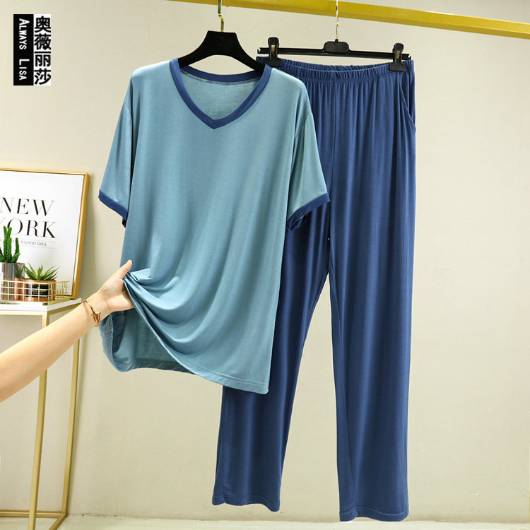 2021 Modal Pajama Men spring summer short sleeve pants V collar loose outer wear casual home suit