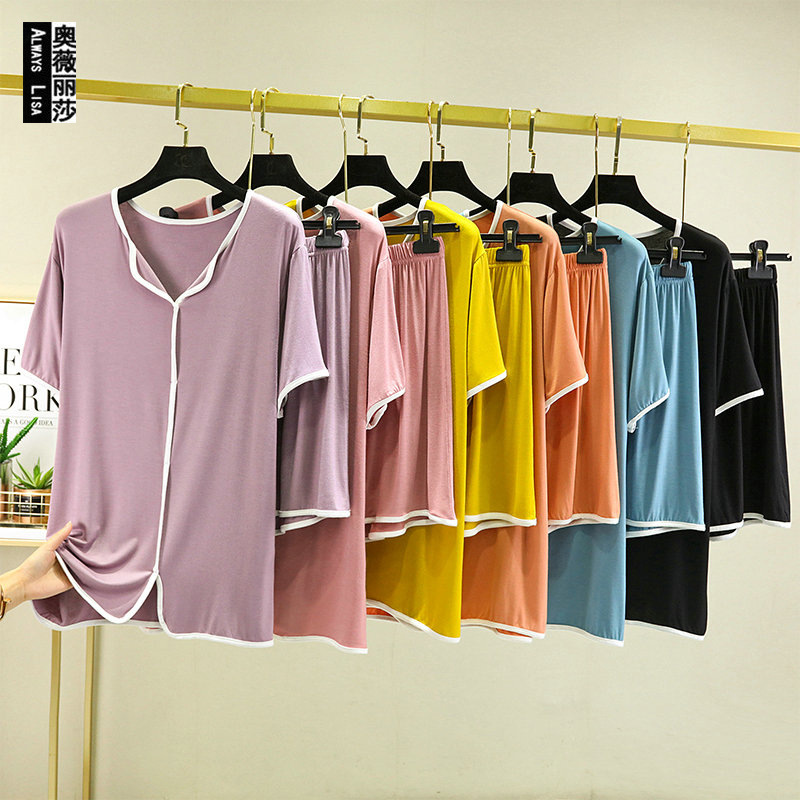 Modal pajama pants set women's summer thin large size loose short sleeve shorts leisure home wear two sets