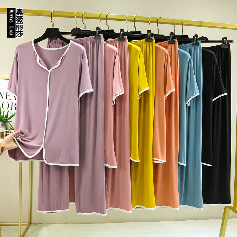 Modell short sleeve trousers pyjamas women spring summer thin home suit large size loose outside wear leisure two sets