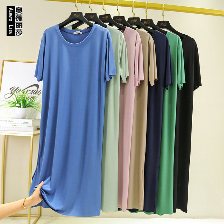 New summer skirt female thin ice silk round collar dress summer dress large size add fat loose waist long cover belly